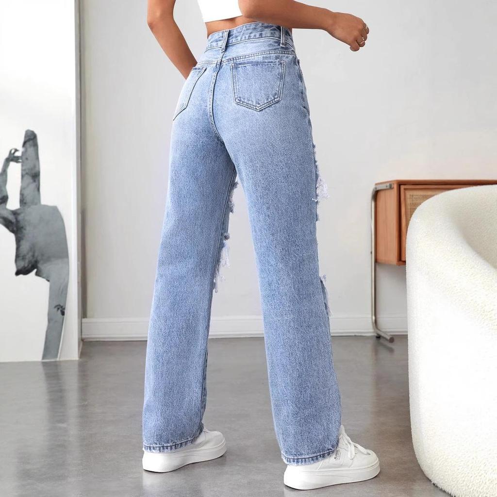 2025 Women's Trendy Ripped Straight-Leg Jeans - European and American Style, Loose Fit