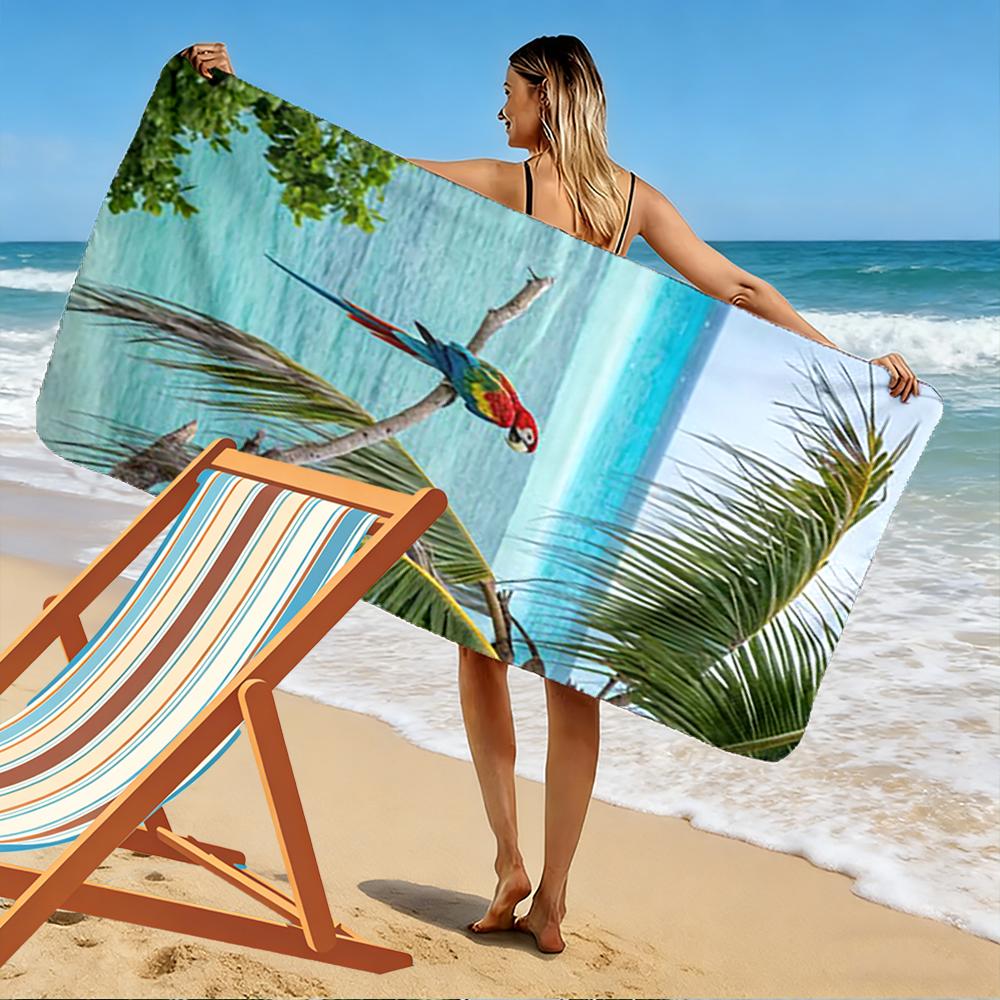 Colorful Parrot and Tropical Beach Scene Beach towel quick-drying for travel outdoor sports jogging beach and swimming