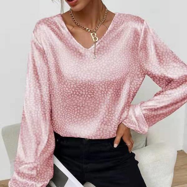 QICED Весенне-осенняя рубашка с v-образным вырезом и леопардовым принтом, женская жаккардовая рубашка с длинным рукавом