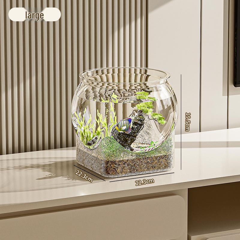 Compact Desktop Ecosystem Tank: Round Bottom, Ideal for Living Room or Study, Includes Decorative Micro Landscape and Small Fish Aquarium.