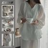 Korean White Bubble Wrinkled Long-Sleeve Pajamas for Women - Loose, Casual Princess Style Home Suit for Spring and Autumn