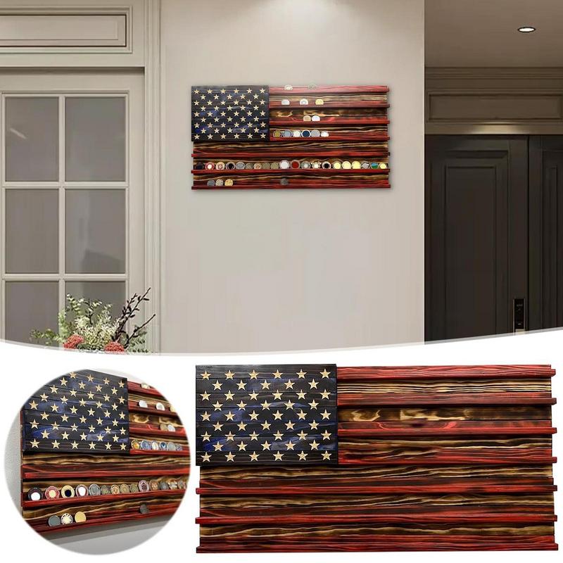 American Flag Challenge Coin Display 7 Rows Wood Coin Stand Rack For Wall Mount Hang Decoration Commemorative Display Stand