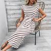 Летнее женское модное и элегантное полосатое платье с круглым вырезом и короткими рукавами