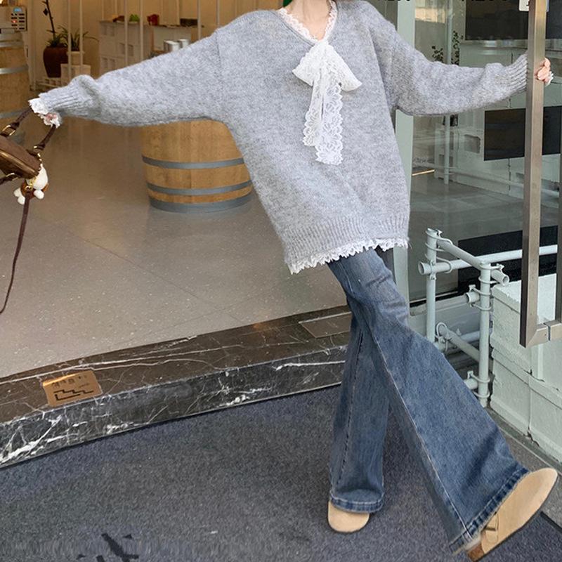 Women's Lace Splicing Long-Sleeve Loose Sweater - Cozy, Thick Knit Pullover for Autumn/Winter