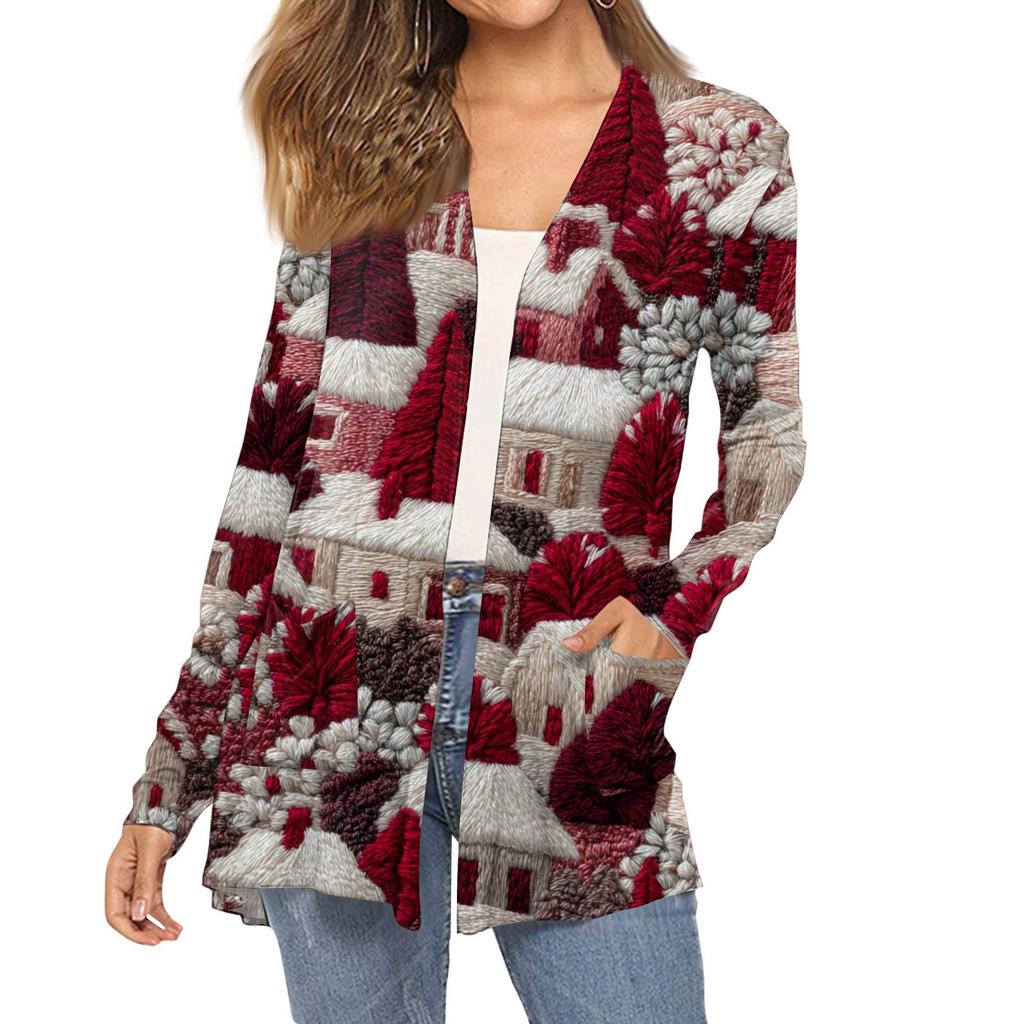 Женский модный кардиган-пальто с длинным рукавом, карманами, приталенного силуэта и рождественским принтом
