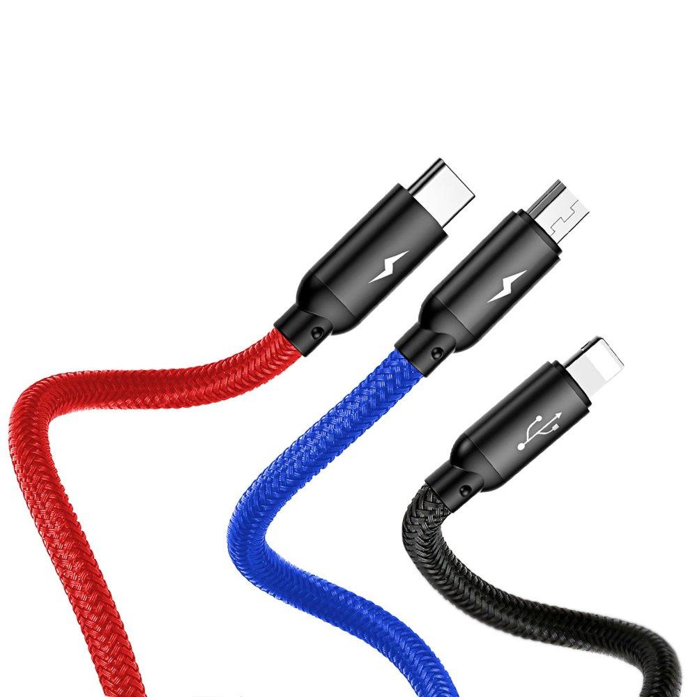 Baseus Multi-Connector Charging Cable, 3-in-1 USB-A: microUSB/Lightning/USB-C, 3.5A Fast Charge, 1.2m, Black