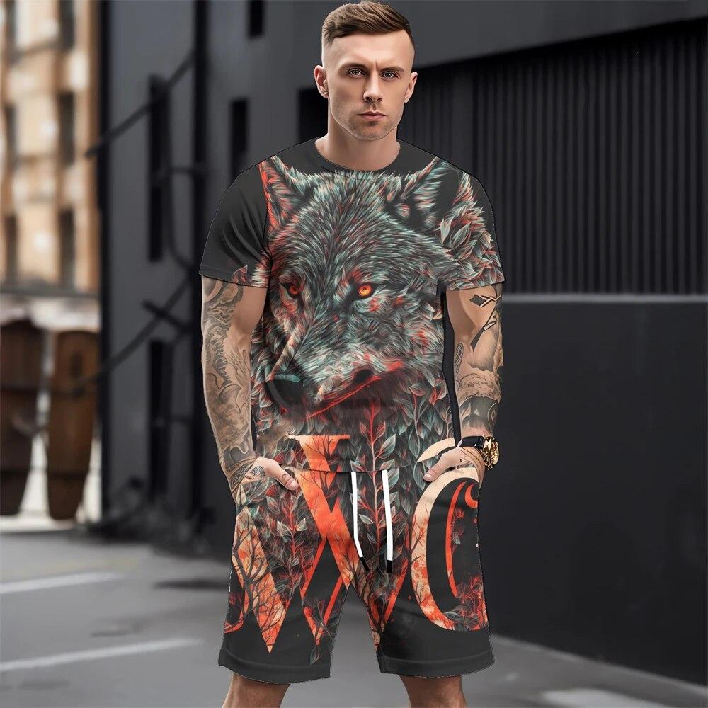 Летние мужские комплекты футболок, модная одежда с 3D принтом животных, необходимая одежда для мужчин, повседневный спортивный костюм, спортивный костюм из двух предметов для бега, спортзала