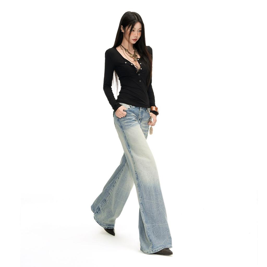Autumn and winter new American retro classic cat whisker water ripple wide leg straight jeans women