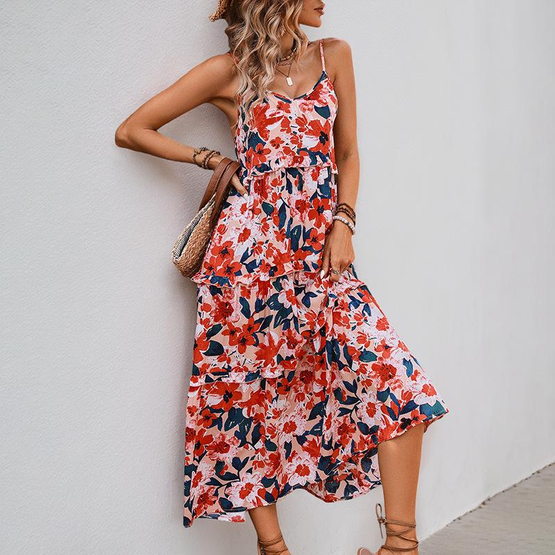 Women's Casual Vacation A-sling Suspender Floral Printed Dress