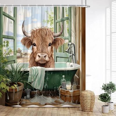 Шторка для душа с коровами, Фермерские животные, Акварель, Весенний мультфильм, Деревенская доска, Цветок, Бабочка, Бочка, Подсолнух, Ковбой, Декор для ванной