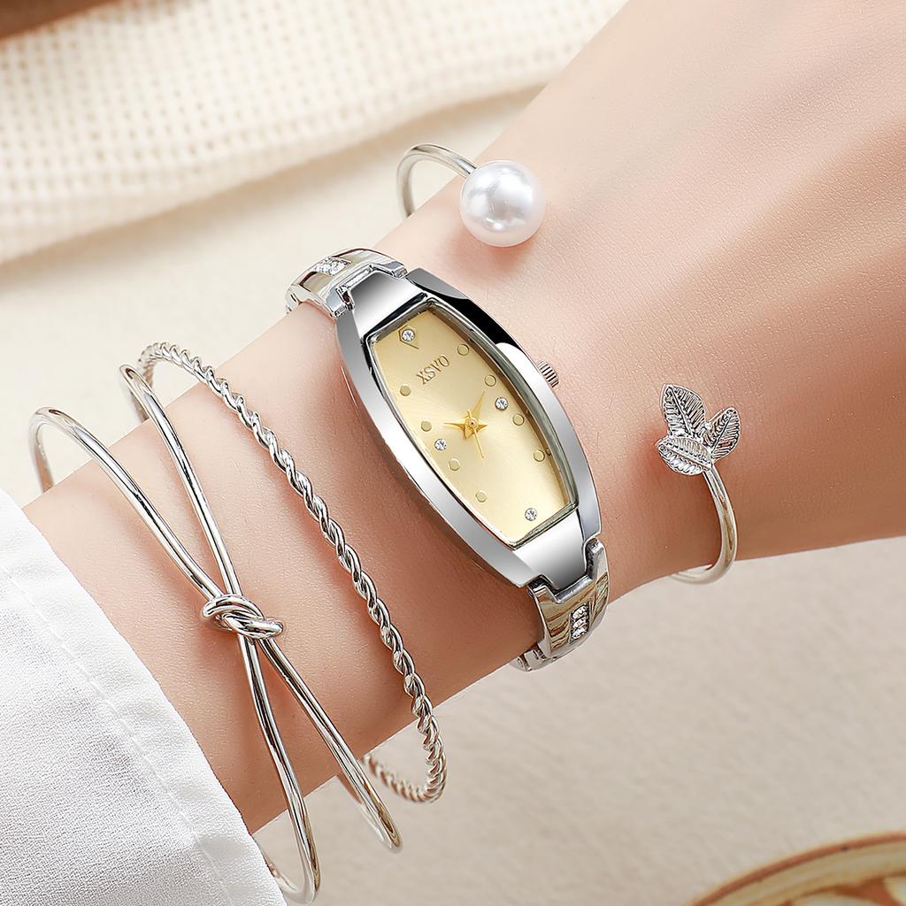 No gift box New small dial barrel-shaped delicate ladies quartz watch pearl bracelet 4-piece set