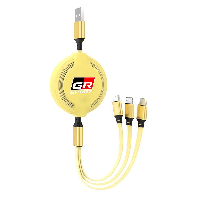 3in1 Retractable Fast Charge Data Cable USB Android Type-C IPhone for Toyota Trd GR Corolla Yaris Chr Auris RAV4 Land Cruiser Camry Highlander