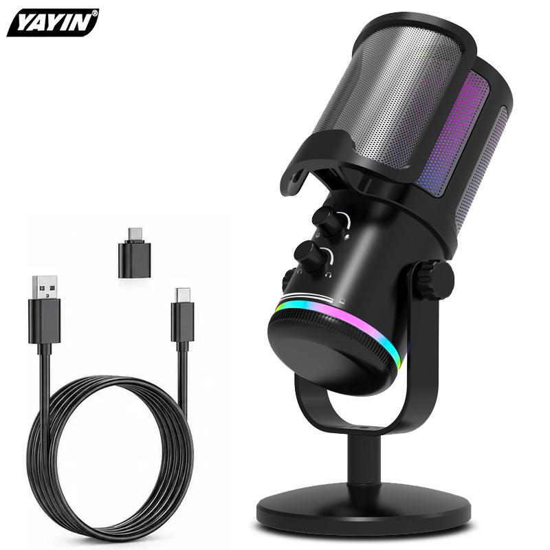 Емкостный USB-микрофон с шумоподавлением и RGB-подсветкой для компьютера, записи на телефон, игр, стриминга и видео