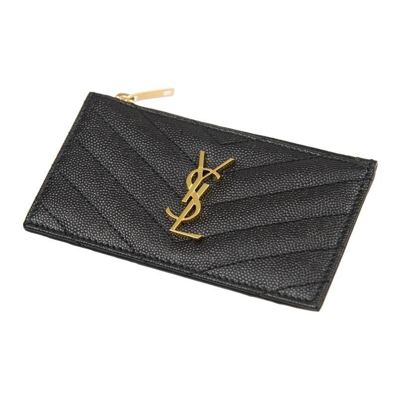 Saint Laurent Кошелек YSL Cassandre с золотым логотипом и застежкой-молнией, из зернистой стеганой кожи, для карт и монет, женский, черный, 607915-BOW01-1000