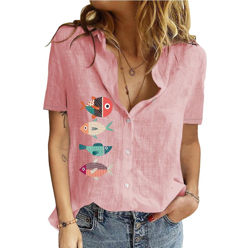 Женская модная футболка-кардиган с лацканами и воротником на весну и осень, хлопковый льняной топ, повседневные блузки с короткими рукавами и принтом