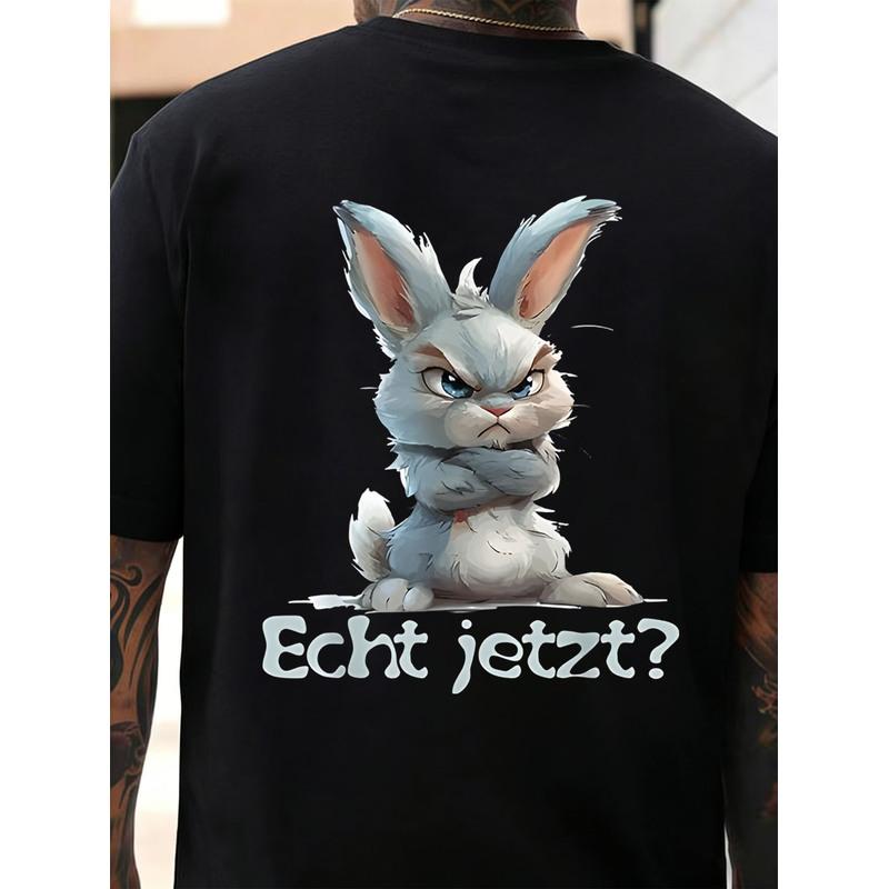 Men's Black T-Shirt Angry Bunny Cartoon Print Echt Jetzt Text Gym Fitness Workout Casual Wear, PLUS SIZE