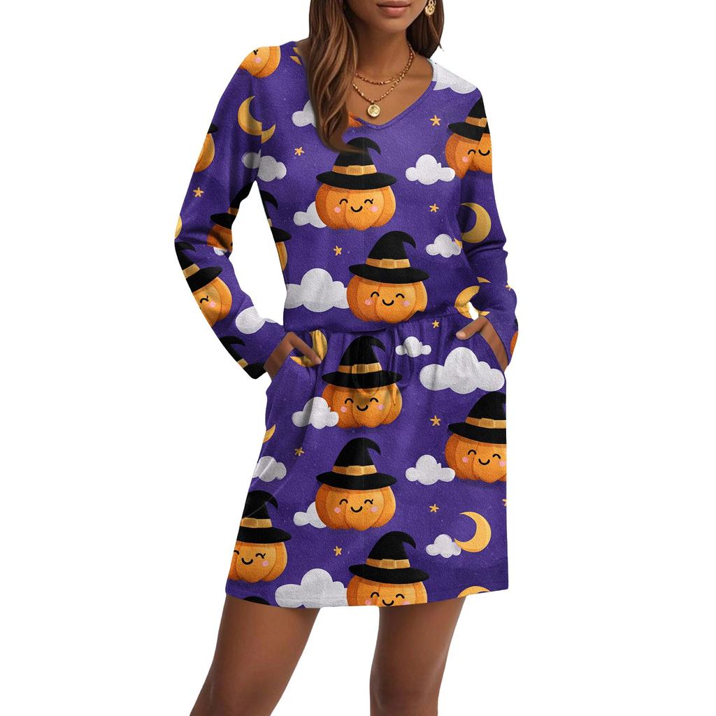 Women's Fashionable V-neck Long Sleeved Drawstring With Pocket Halloween Printed Casual Dress