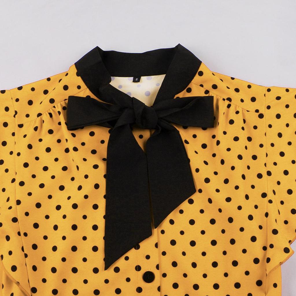 Офисные женские платья с оборками на рукавах, темно-синим воротником, в горошек, в стиле ретро, свободное платье для поездок на работу с поясом, повседневная одежда с высокой талией, деловой наряд для работы