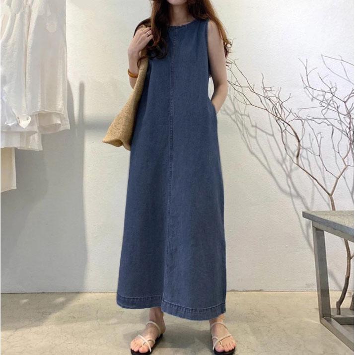 Модное женское джинсовое платье без рукавов, свободное по талии, с круглым вырезом и карманами, летнее повседневное платье-жилет для поездок на работу