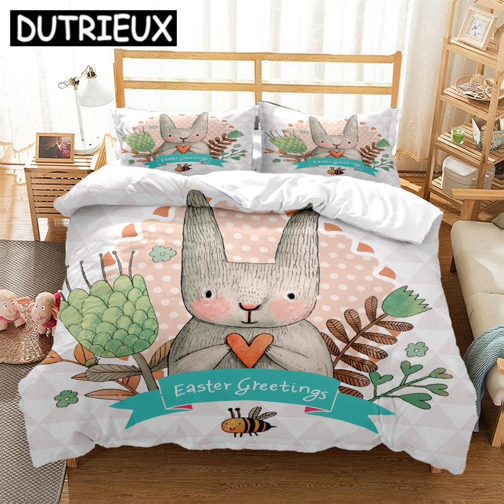 Комплект постельного белья с рисунком кролика - Размер King для подростков, Двуспальный и Детские кровати - Пододеяльник, Наволочка и Одеяло в комплекте