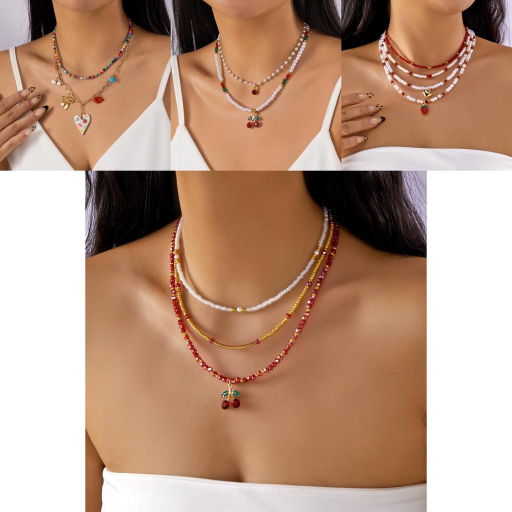 Romantic Heart Pearl Choker Necklace With Cherry And Strawberry Charms For Girls