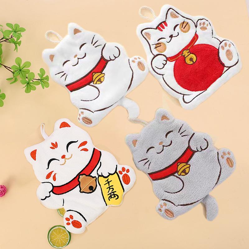 Полотенце из кораллового флиса с мультяшным рисунком 'Счастливый кот' для кухни и ванной - Мягкое и безопасное для детей