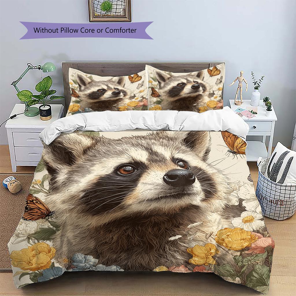 Raccoon and Flowers Pattern Bedding Home Decoration Birthday Gift (1 * duvet cover + 2 * pillowcase, without core)