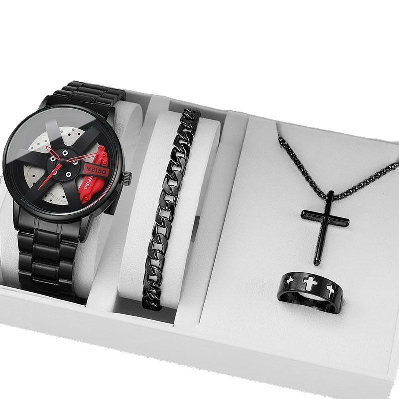 Fashion Trend Wheel Hub Men'S Watch Steel Belt Men'S Quartz Watch Set