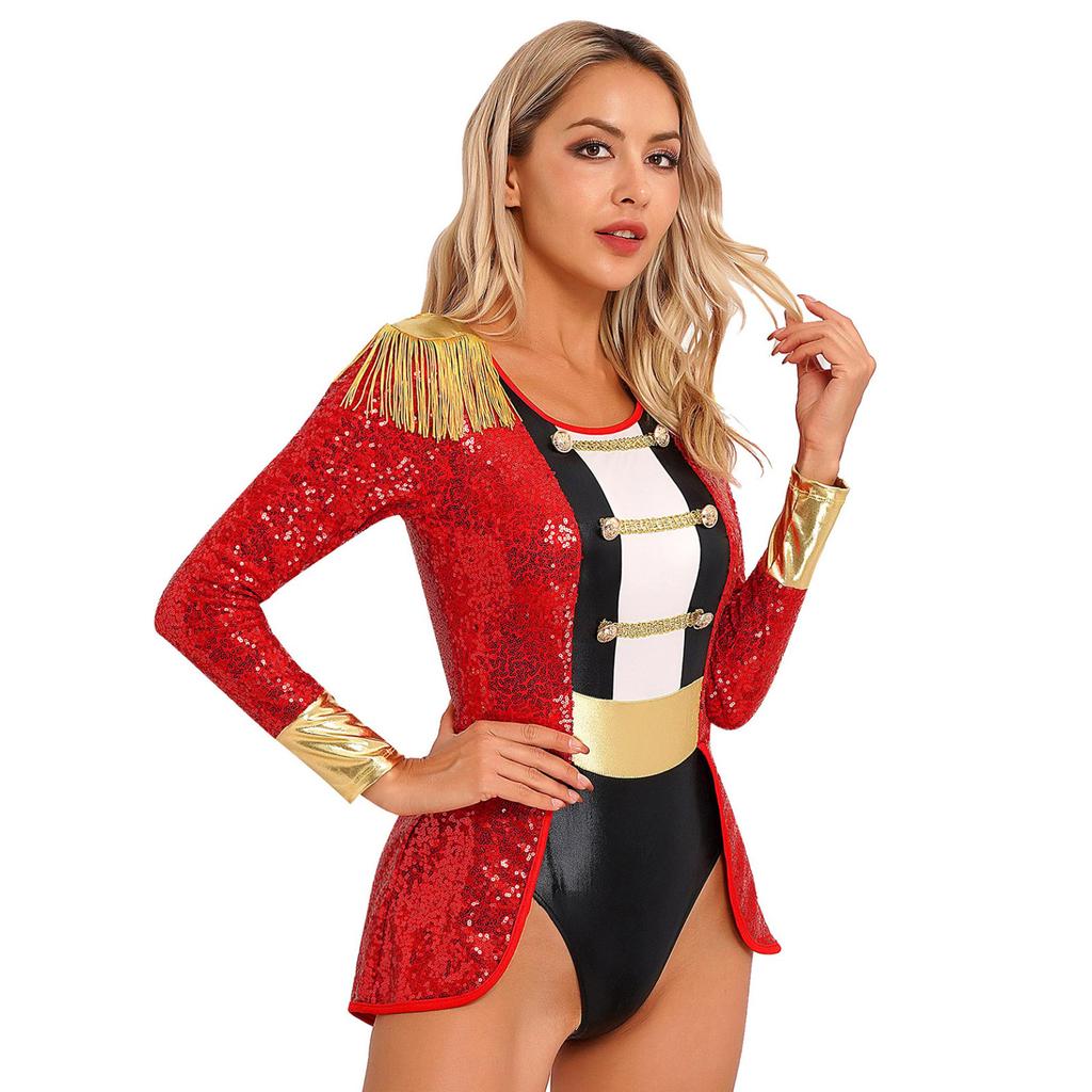 Womens Circus Ringmaster Cosplay Bodysuit Long Sleeve Allover Sequin Tail Jumpsuit Halloween Festival Costumes