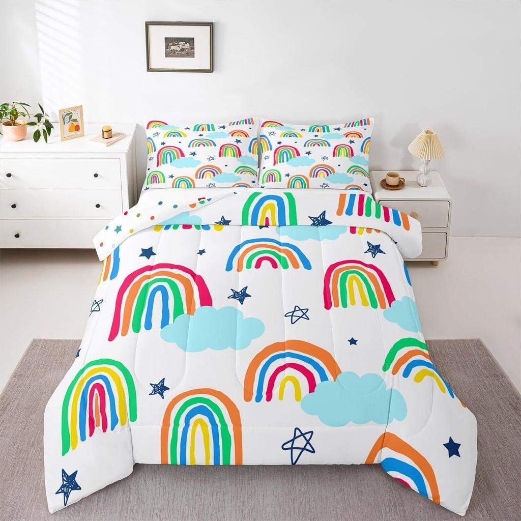 Boho Rainbow Bedding Set For Girls Twin,Cute Bohemian Eyes Moon Sun Comforter Set Kawaii Cloud Dream Catcher Bedding Comforter Sets For Kids