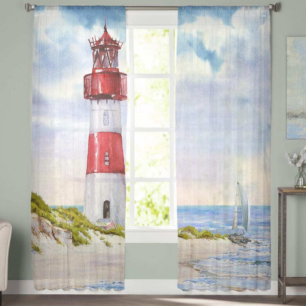 Lighthouse Beach Island Винтажные акварельные прозрачные шторы Современные газовые шторы для гостиной, спальни, вуалевые нитяные шторы