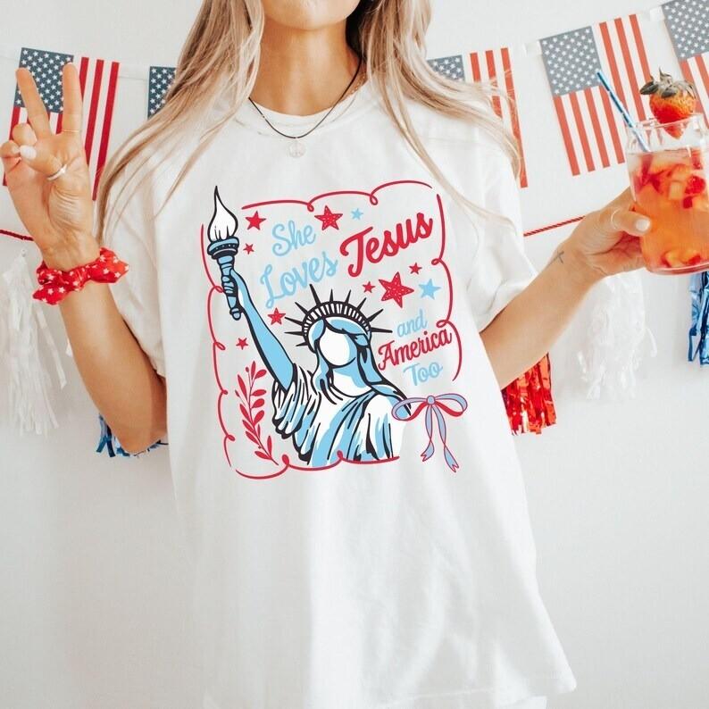 She Loves Jesus And America Too 4th of July Shirt Retro USA Shirt Unisex T-Shirt