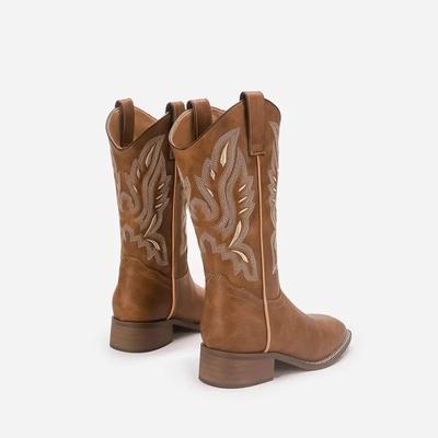 Высокие сапоги Вышивка Ретро Ручная работа Женские сапоги Западные ковбойские сапоги Сапоги с острым носком Ручная строчка Уличные сапоги до колена