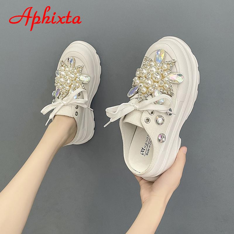 Aphixta Роскошные туфли на платформе с жемчугом, бриллиантами, цветами и стразами, женские туфли с кристаллами, женские туфли с клиновидной застежкой и бусинами