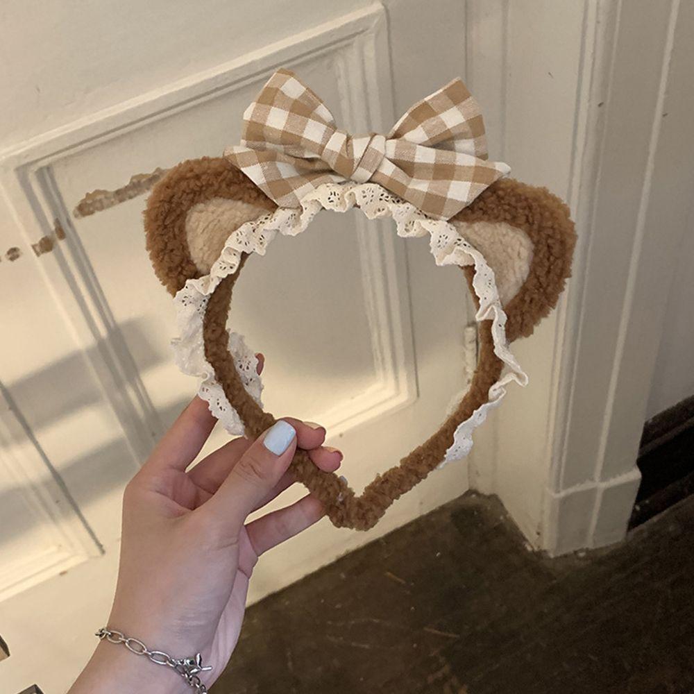 Plush Headdress Wash Face Plaid Bow Women Accessories Korea Style Headband Cat Ears Lace Hair Band