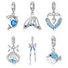 Genuine 925 Sterling Silver Blue Sea World Shark Embrace Love Heart Dolphin Collection Charms Love Pendant Fit for Charm Bracelet Beads