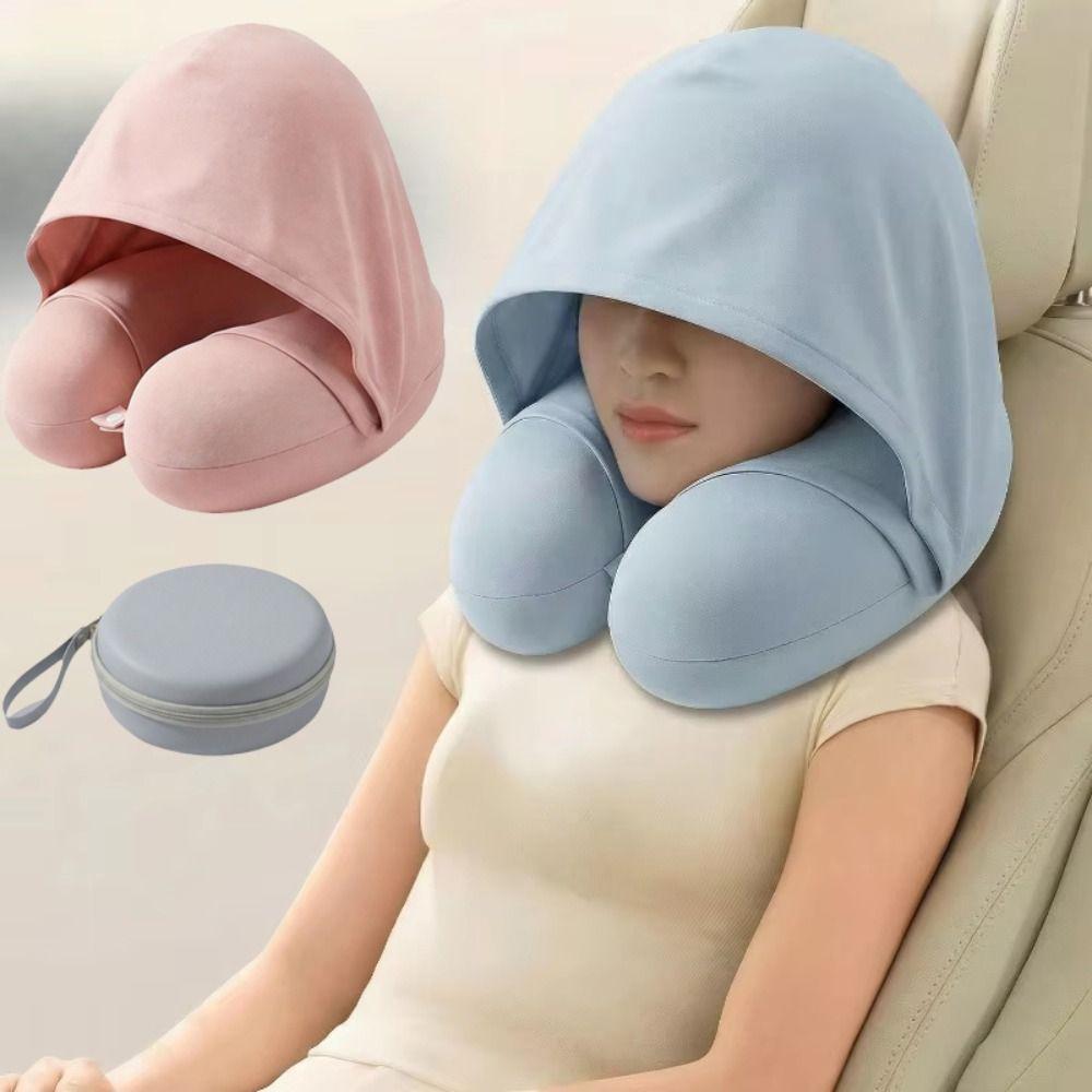Foldable Design U-Shaped Neck Pillow Slow Rebound Hooded Neckrest Pad Long Flights