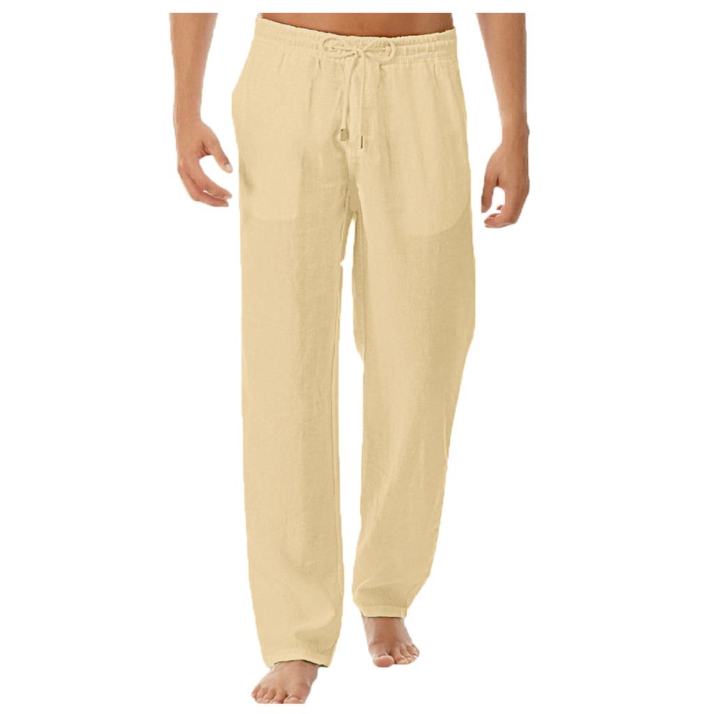 Мужские повседневные свободные и удобные повседневные брюки из хлопка и льна, однотонные брюки на шнурке