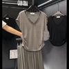 Summer foreign style pleated sexy V-neck slim and thin T-shirt versatile niche unique chic pure desire style Spice Girl top