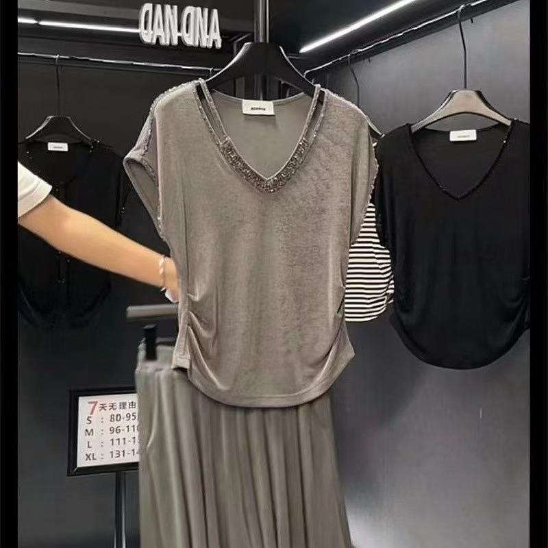 Summer foreign style pleated sexy V-neck slim and thin T-shirt versatile niche unique chic pure desire style Spice Girl top