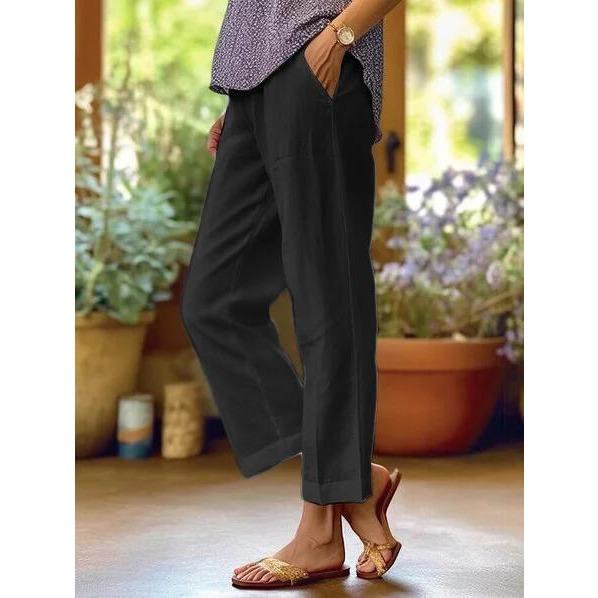GMXIA Women's Cotton and Linen Loose Solid Color Elastic Waist Pocket Straight Leg Casual Pants