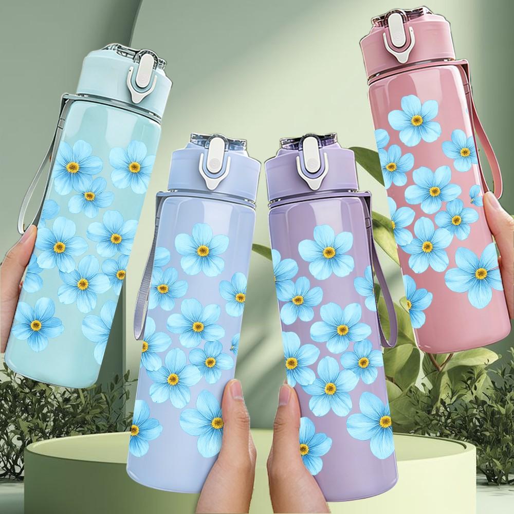 1PC Light Blue Small Flower 750ml Color Plastic Sports Water Bottle Leakproof Flip Straw Lid Suitable for Sports Office Home Use