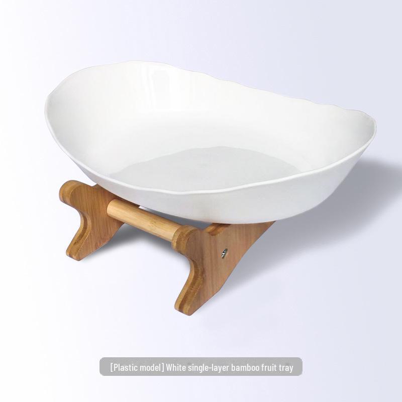 Трехслойный керамический поднос для фруктов в европейском стиле с бамбуковой и деревянной подставкой, идеально подходит для закусок и сухофруктов.
