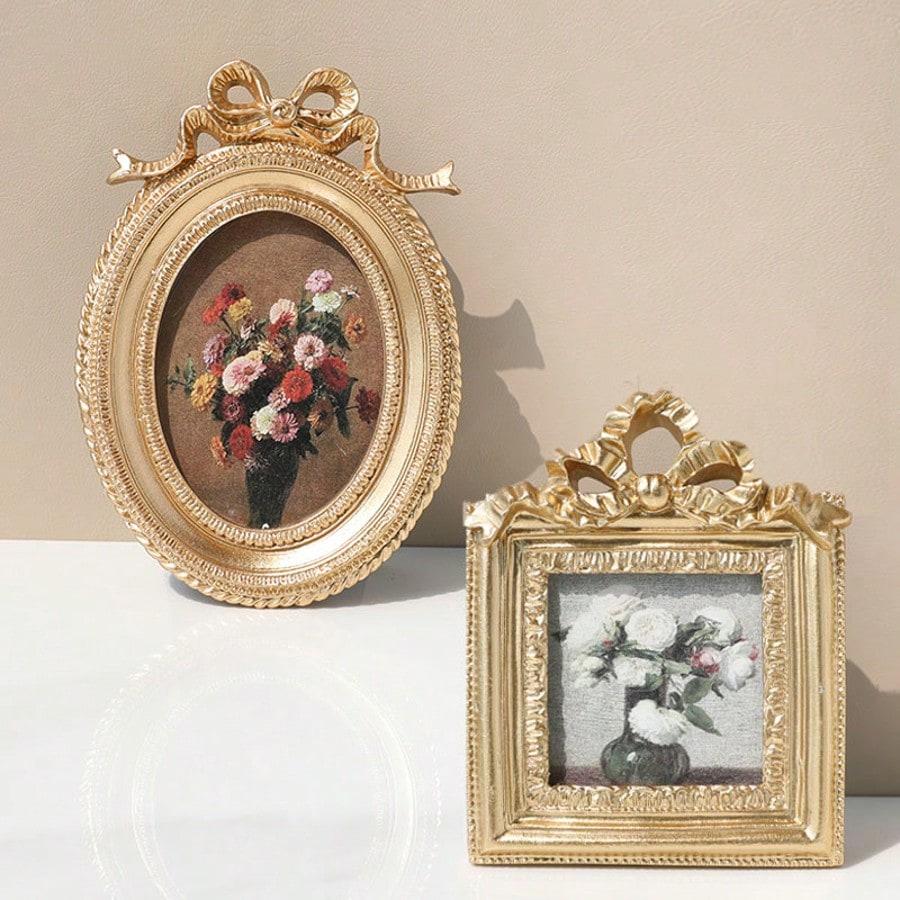 Classic Retro Photo Frame, Vintage Faux Wood Carving Frame, Decorative Desktop/Wall Frame, Gold Floral Engraving, Home Decor, Resin Frame