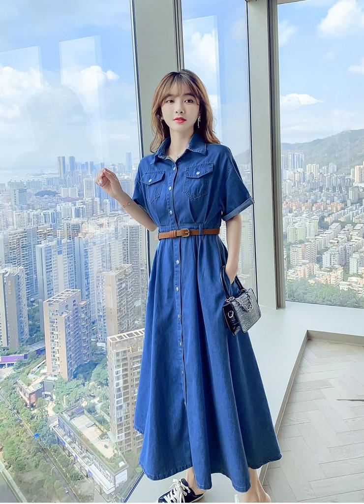 Летняя джинсовая рубашка Seira Длинная Короткая Легкая Однотонная с Элегантным Женским Платьем Офисной Леди, Платье, Платье, Рукав, А-силуэт, Платье, Отложной воротник,