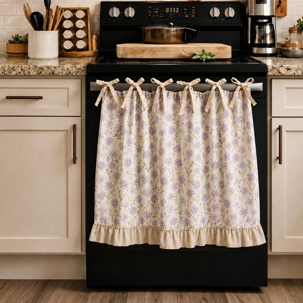 Ruffle Trim Bow Tie Oven Cover Curtain Coffee Machine Half Curtain Cabinet Window
