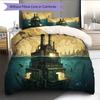 Map Ocean Architecture Pattern Bedding Quilt Set Home Decoration Gift (1 * Duvet Cover + 2 * Pillowcase Without Core)