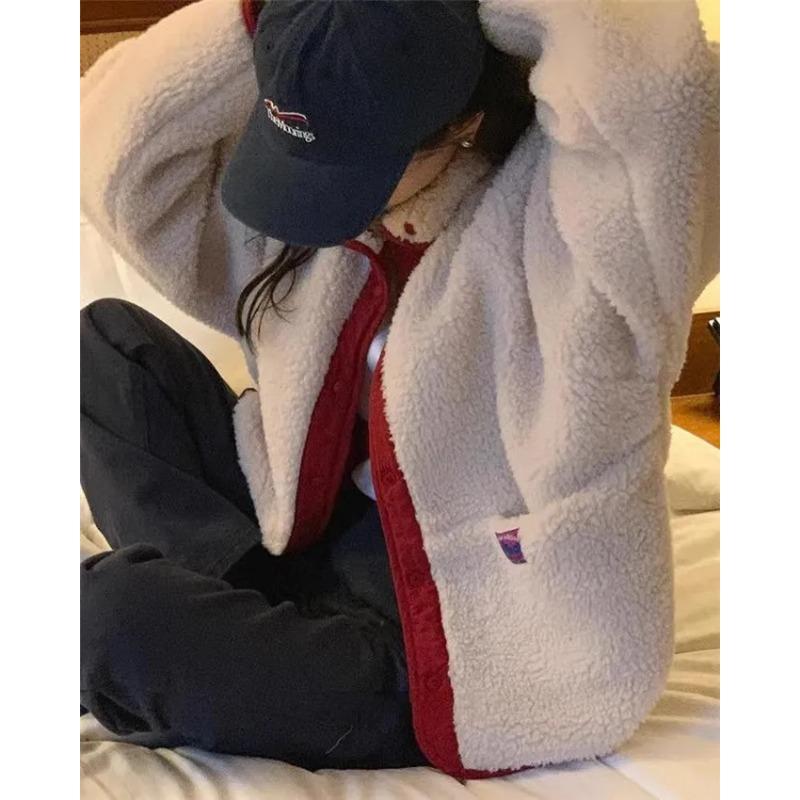 South korea Chic Autumn and Winter Retro Double-sided Wear Small Label Design Loose All-Matching Long sleeve Lamb Wool ...