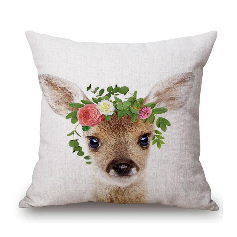 Lovely Cute Baby Animals Flower Wreath Giraffe Tiger Bunny Children Room Decative Sofa Pillow Case Cotton Linen Cushion Cover