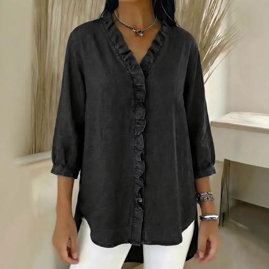 Женские Топы с V-образным вырезом, 3/4 Рукава, с Отделкой Воланами, Свободного Кроя, Однотонные, Повседневные, Рубашки под Джинсу, Для Повседневной Носки